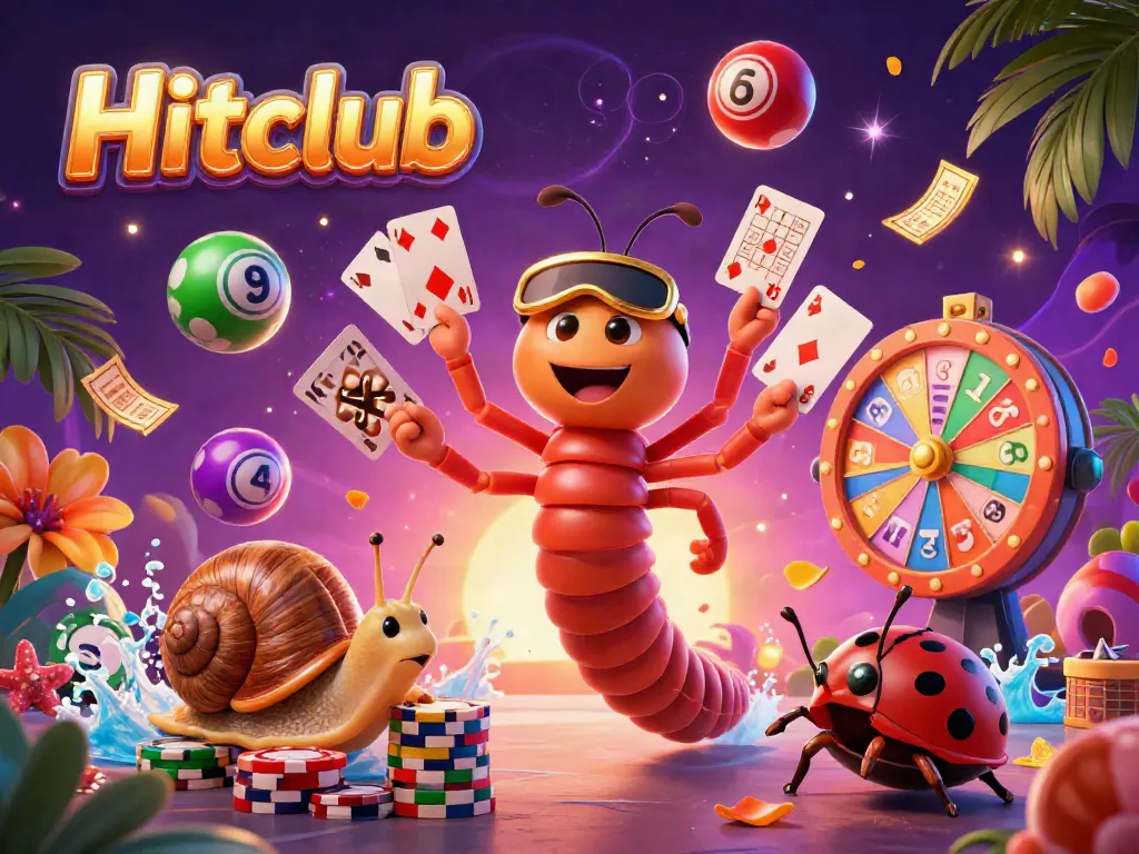 Engage with the Hitclub experience through a colorful 3D casino scene featuring lively characters and vibrant game elements.