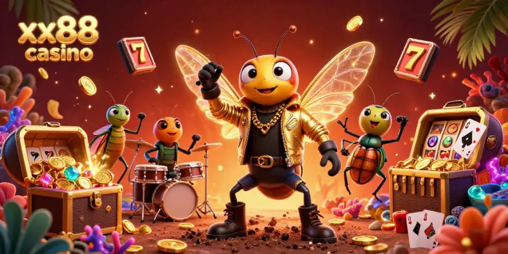 Experience the thrill at xx88 casino with a vibrant scene featuring a cicada rock star, beetle drummer, and dynamic elements like slot reels and treasure chests.