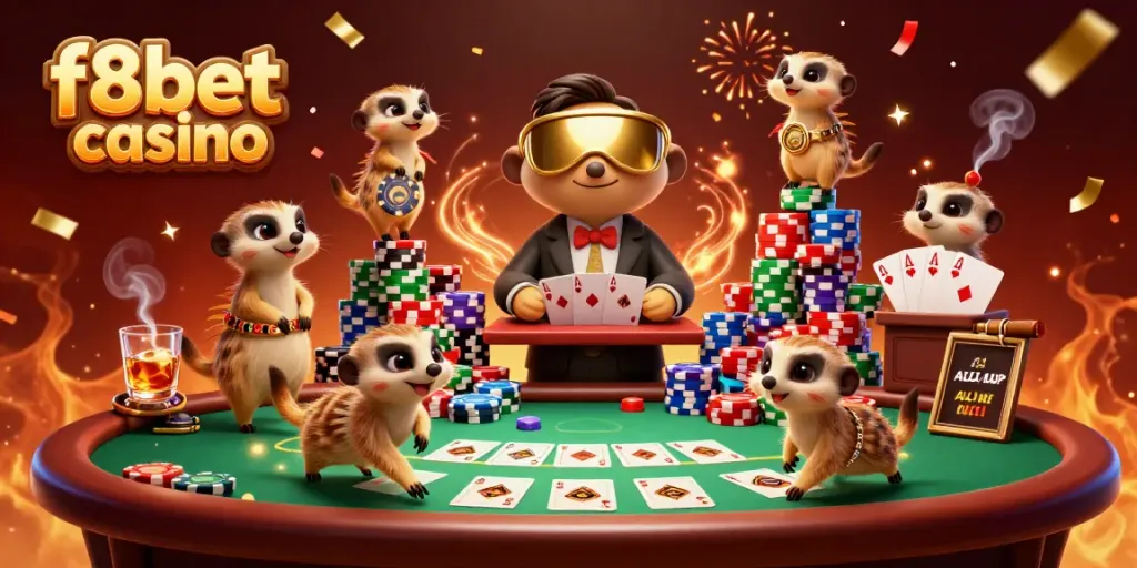 Experience the excitement at f8bet casino with meerkats in a bustling casino scene, engaging in games and fun.