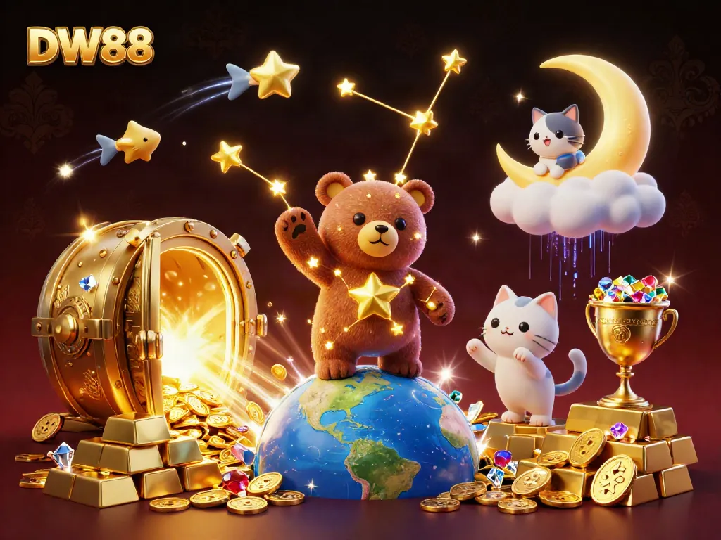 Win big at DW88 with this dazzling illustration of celestial treasures and vibrant gaming elements.