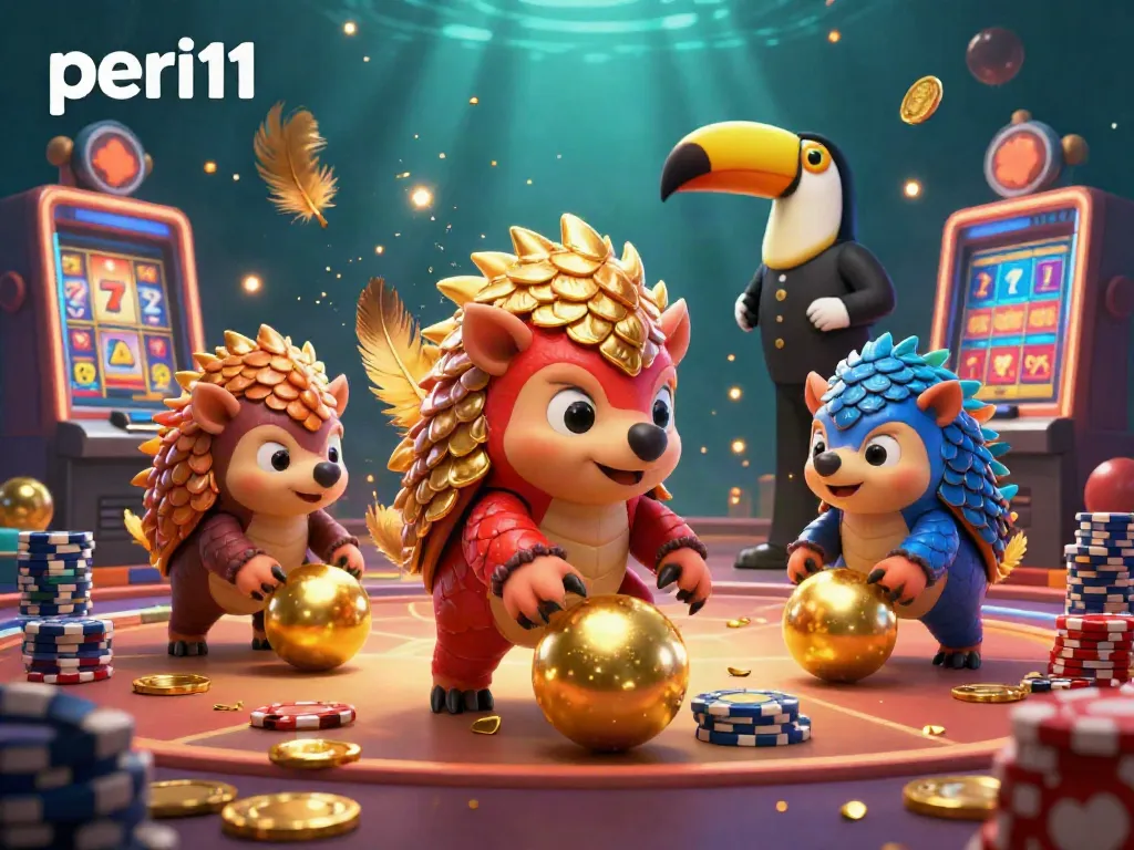 Roll into thrilling wins with peri11, where rival pangolins battle in a vibrant casino scene filled with golden symbols and rich gaming elements.