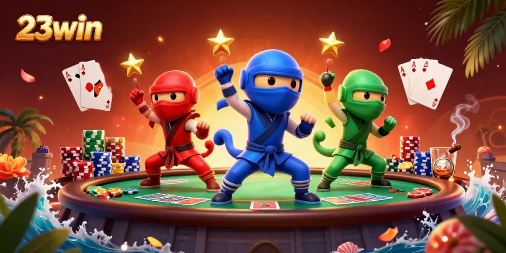 Experience high-stakes action at 23win with chameleon ninjas and vibrant casino elements.