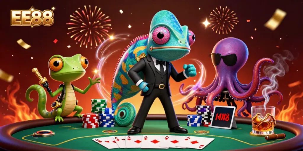 Experience EE88's thrilling poker game with vibrant characters and casino excitement.
