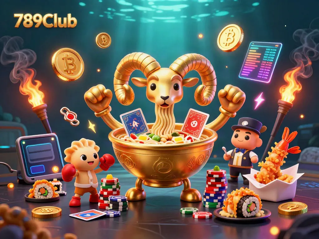 Engage with the vibrant world of 789Club through a captivating 3D illustration featuring gambling-themed characters and crypto elements.