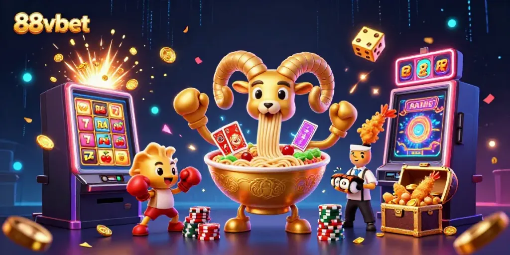 Join the fun with 88vbet as a giant ramen bowl and friends distribute cards in a vibrant casino