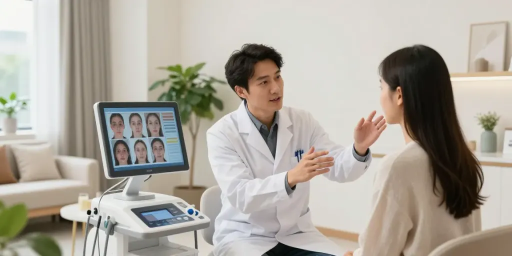 Dermatologe berät über Augenringe entfernen in einem modernen Klinikraum.