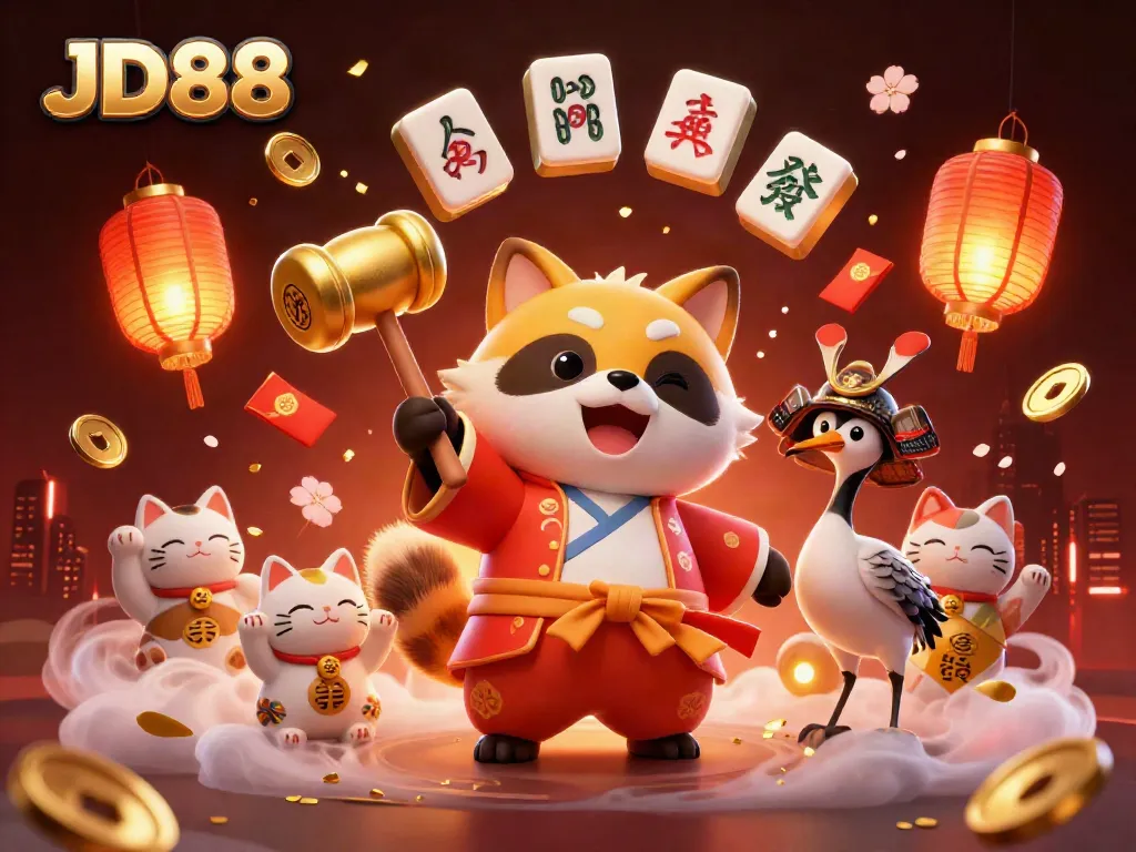 Experience exciting gaming moments with JD88's vibrant 3D illustration of a cheerful tanuki and lucky symbols.