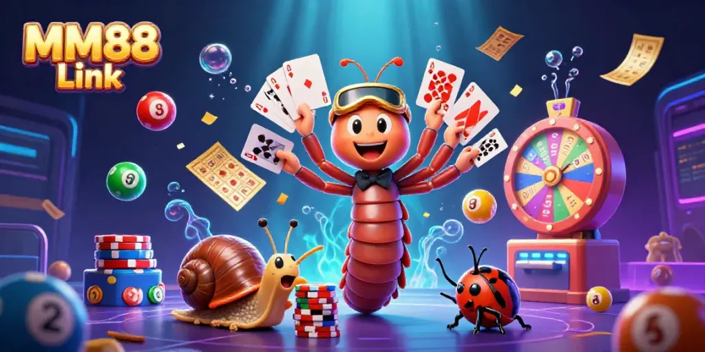 Experience the excitement of MM88 Link with a vibrant 3D casino scene featuring a cartoon dealer and colorful game elements.