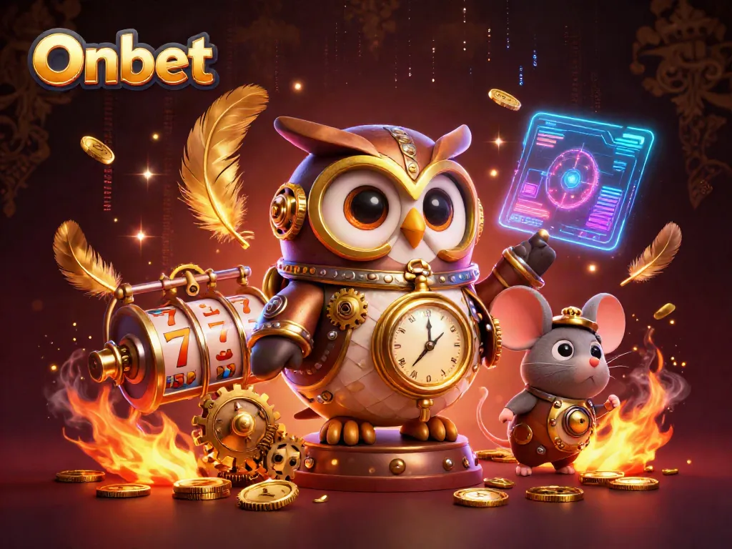 Experience the immersive Onbet casino scene with a time-traveler owl amidst slots and golden tokens.