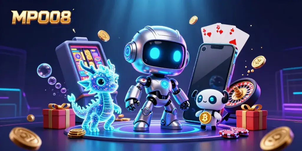 Experience thrilling slots at MPO08 with our exciting 3D illustration featuring vibrant casino imagery.