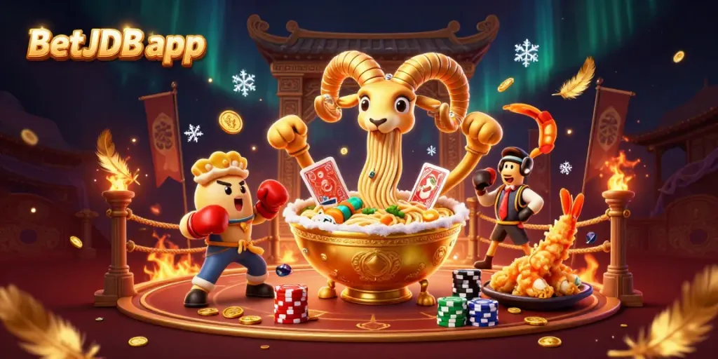 BetJDB app featuring a 3D cartoon ramen bowl dealer surrounded by casino elements and vibrant characters.