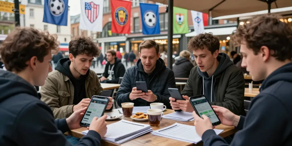 Fans following ข่าวซื้อขายนักเตะ updates in a vibrant café setting.