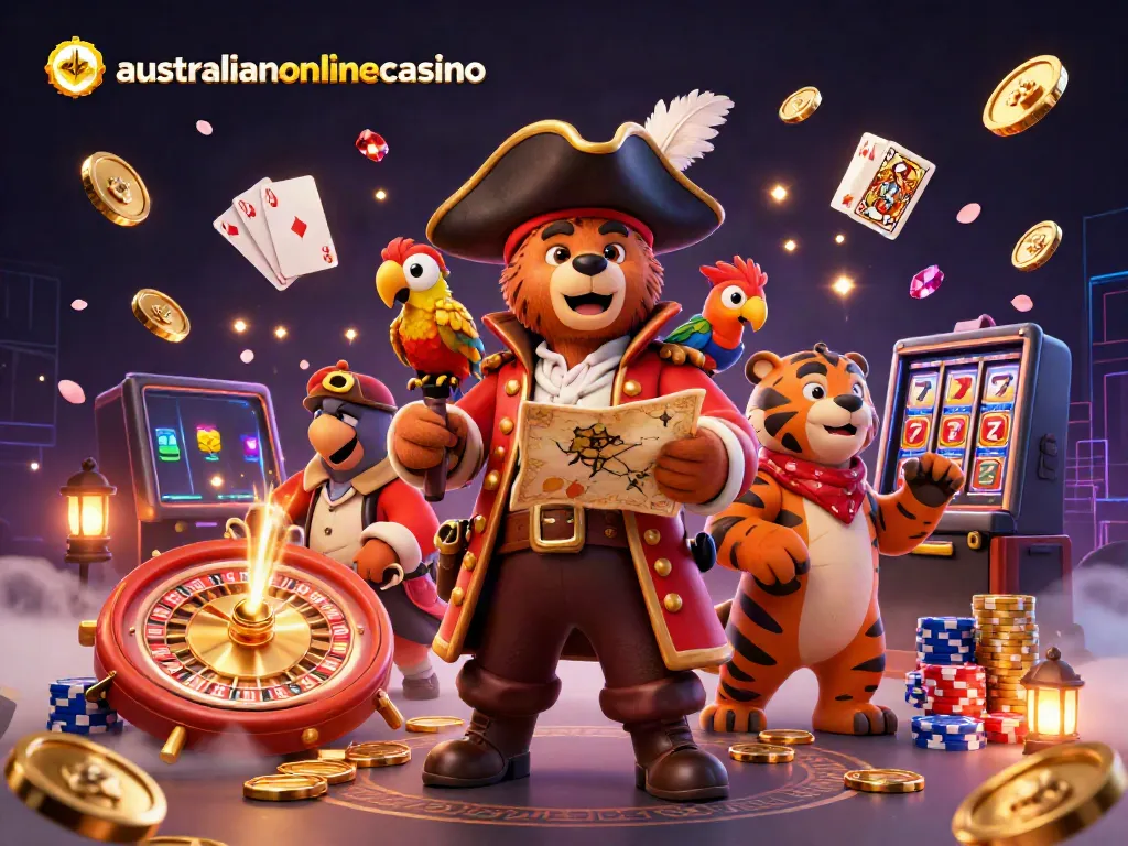 Experience excitement at australianonlinecasino with a pirate bear, tiger, and treasures in a vibrant casino setting.