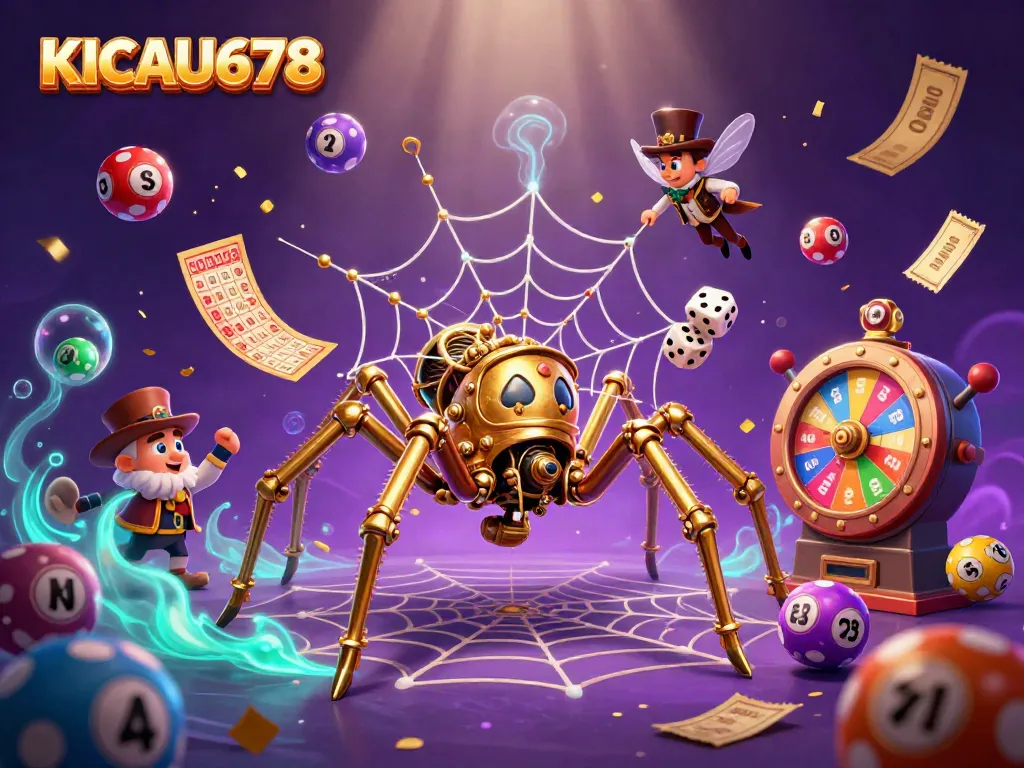 KICAU678 captivates with a steampunk spider and Victorian gentleman in a vibrant online gambling scene.