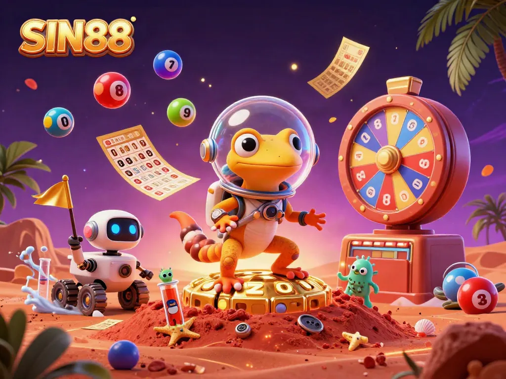 SIN88 showcases a vibrant casino scene with Martian characters and dynamic lottery elements.