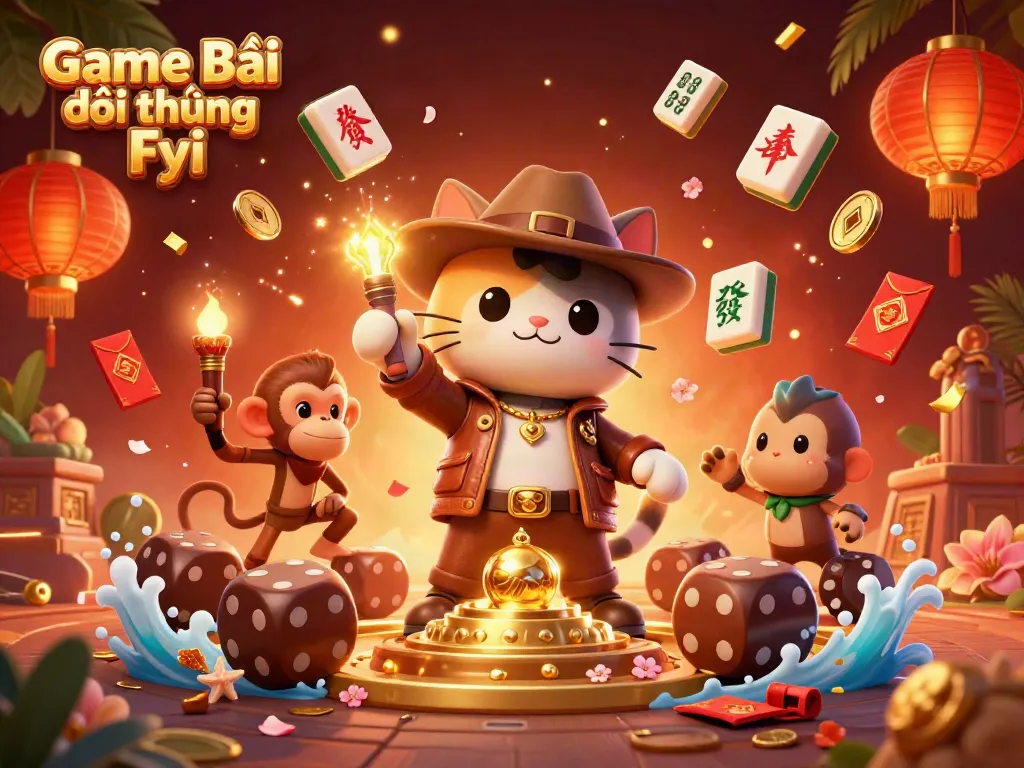 Engage in Game Bài Đổi Thưởng Fyi with cartoon explorers uncovering treasures in a vibrant temple.