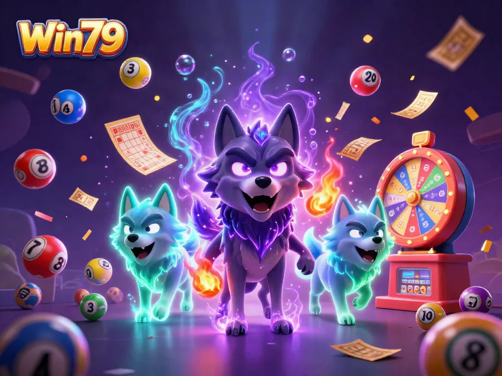 Win79 brings excitement with a glowing spectral wolf leader, lottery elements, and immersive casino branding.