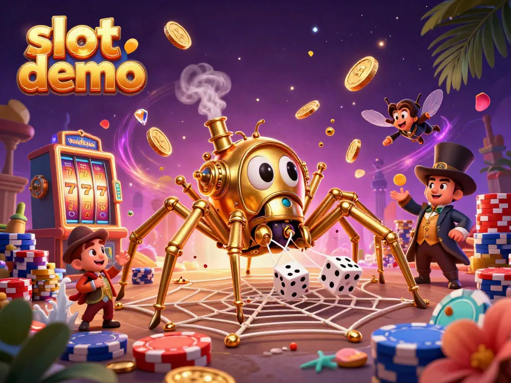 Experience the fun of slot demo gaming with a whimsical 3D steampunk spider and golden elements.