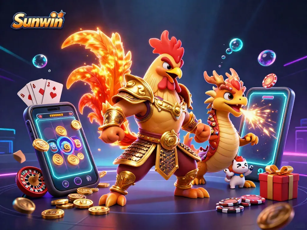 Engage with Sunwin's thrilling gaming world featuring a rooster warrior and dragon amidst vibrant slot machines.