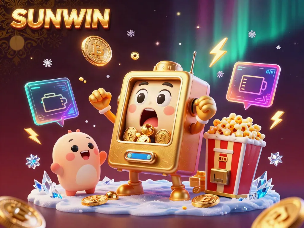 SUNWIN: Experience excitement with a golden slot machine hitting a jackpot in a vibrant casino themed illustration.