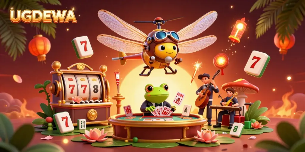 Experience the excitement of UGDEWA with a vibrant 3D scene of dragonfly pilots and a frog dealer in an animated casino atmosphere.