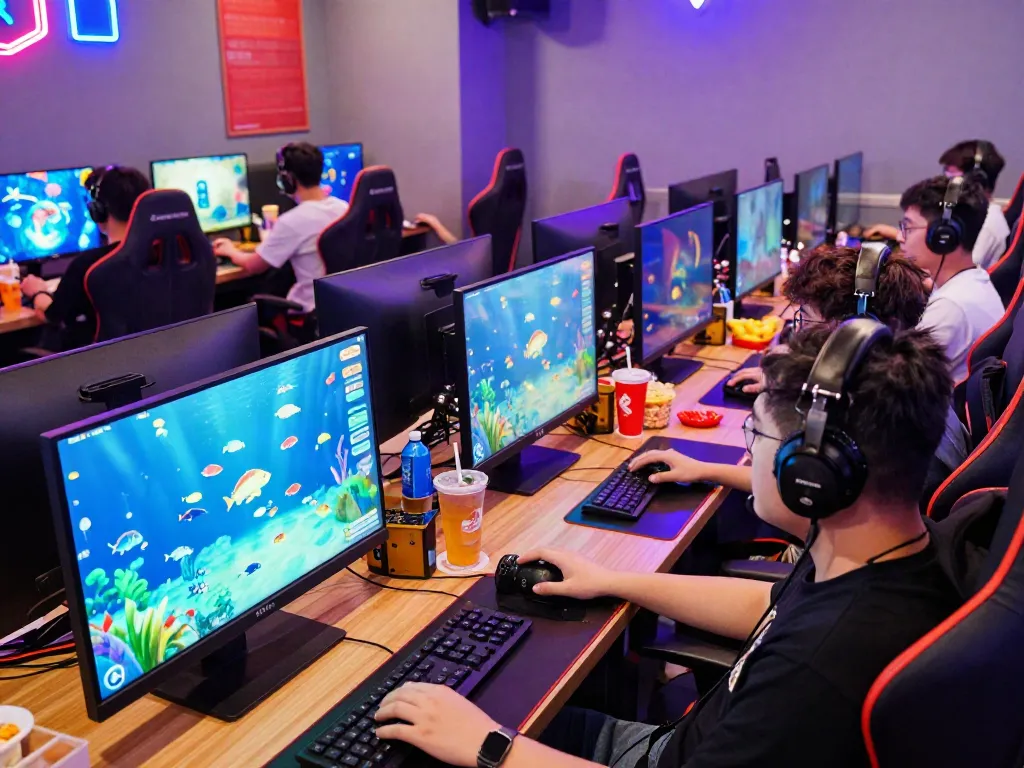 Players enjoying the excitement of lại là Bắn cá đổi thưởng at a lively gaming cafe.