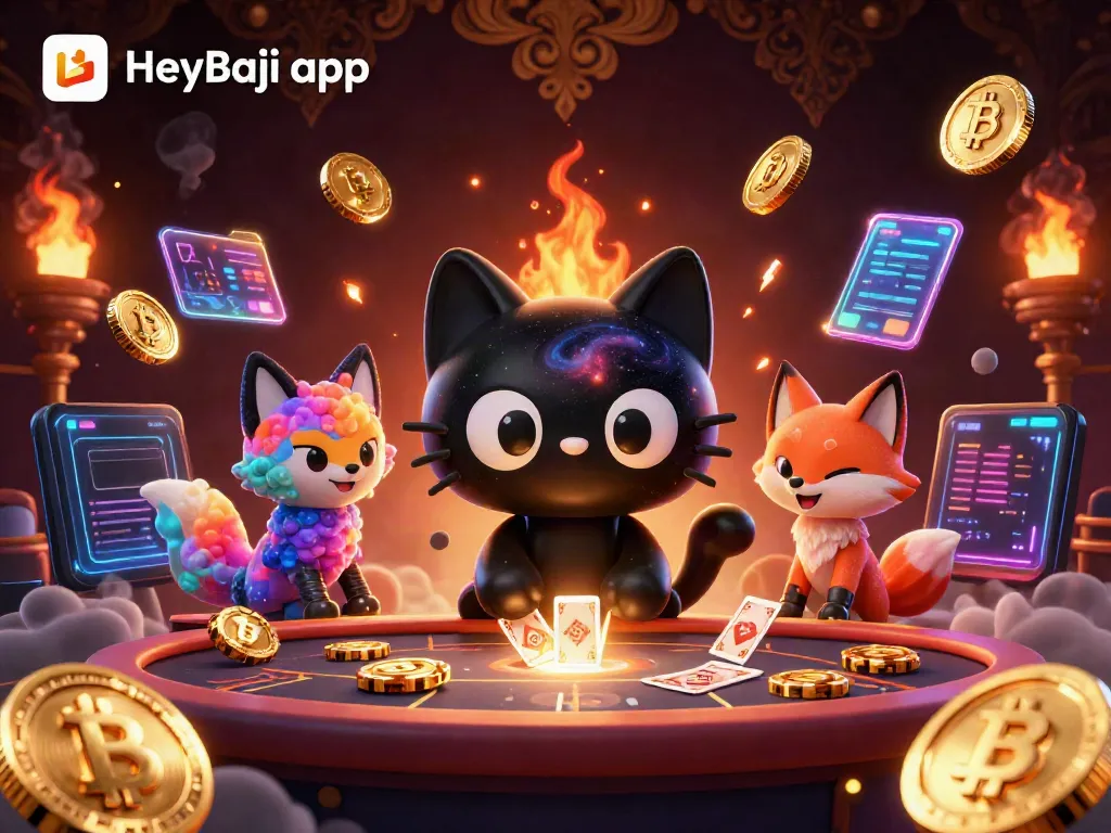 Engage with the HeyBaji app in an exciting cosmic casino scene featuring a black hole cat and a nebula fox.