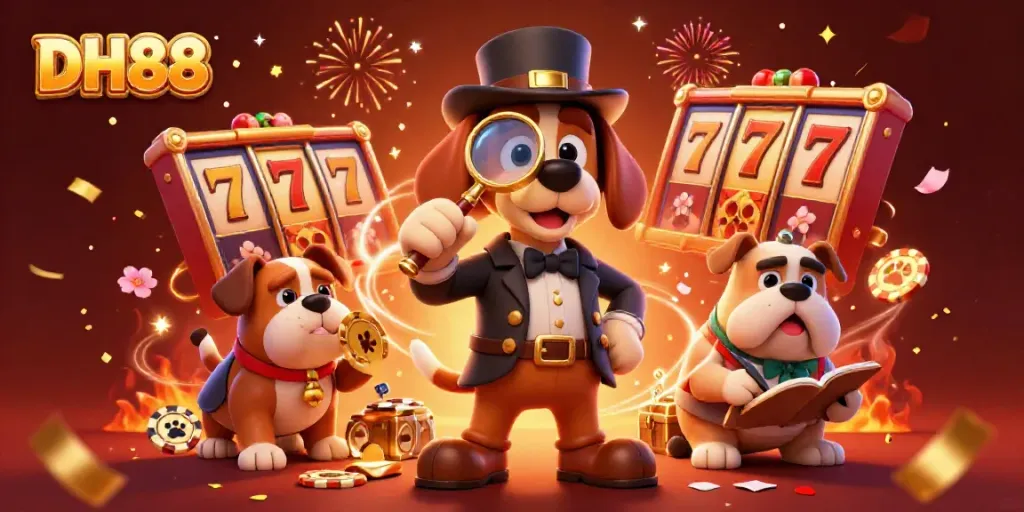Engaging scene with DH88's detective and companion discovering golden poker chips amidst vibrant slot reels, celebrating fortune.