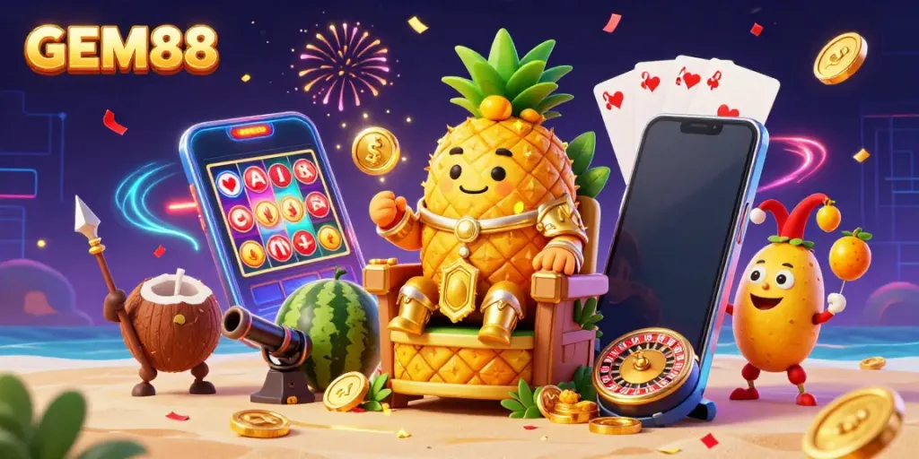 Experience the excitement of GEM88 with a vibrant scene of a pineapple king and engaging casino elements.