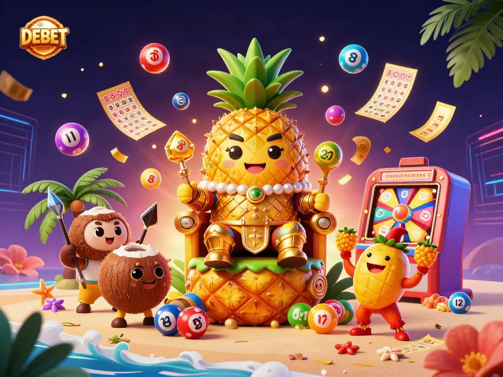 Experience the excitement of DEBET with a vibrant, dynamic casino scene featuring a golden pineapple king.