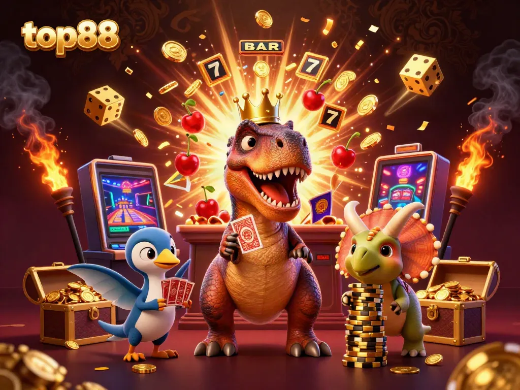 Experience top88 with a friendly T-Rex shuffling cards and a pterodactyl in a vibrant casino adventure.